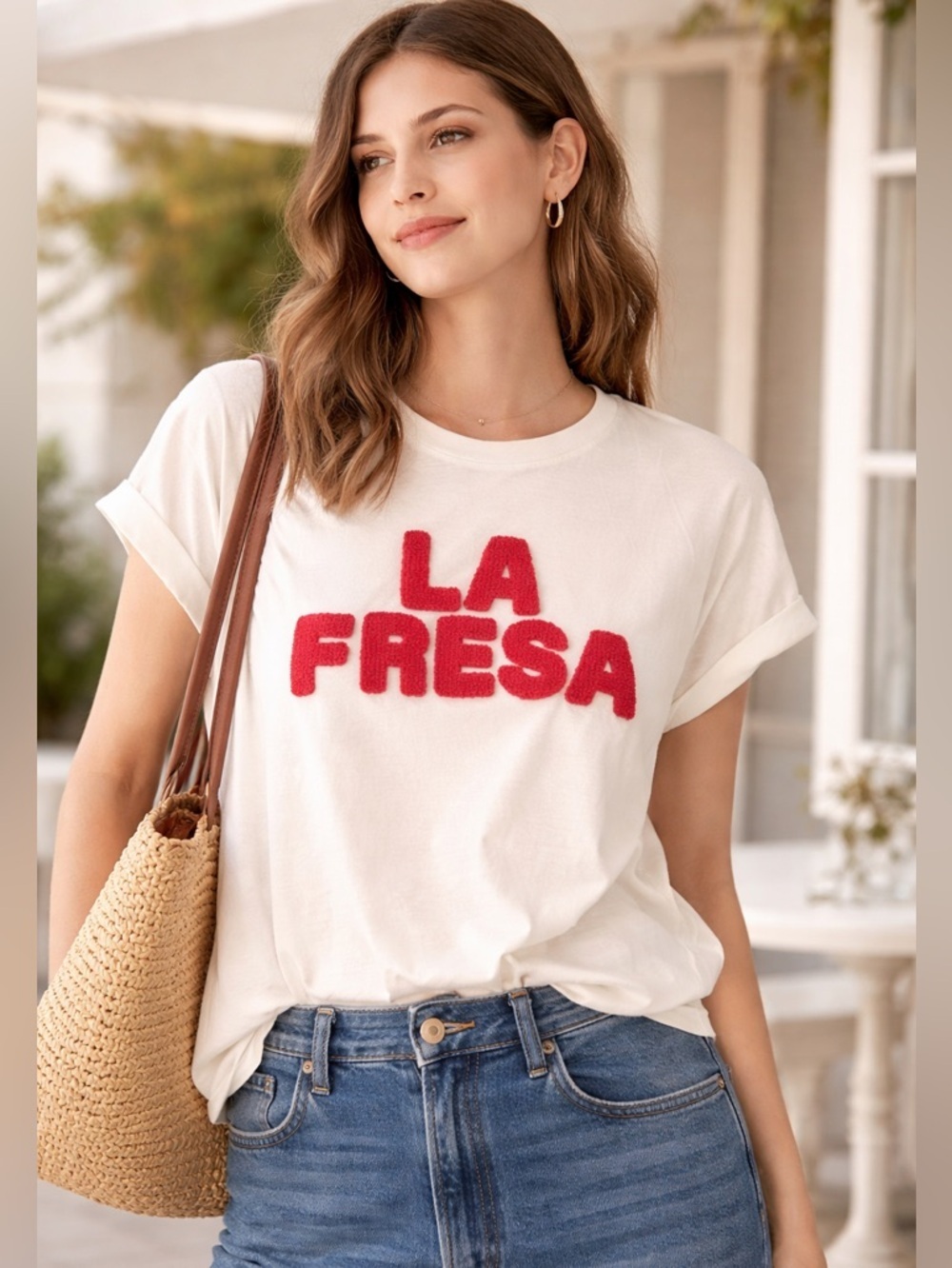 La Fresa White Graphic Tee with Red Lettering